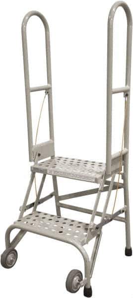 Cotterman - 50" 2 Step Rolling Warehouse Ladder - Portable Folding Safety Ladder, 350 Lb Capacity, 20" Platform Height, 21" Base Width x 22" Base Depth, Perforated Tread - Exact Industrial Supply