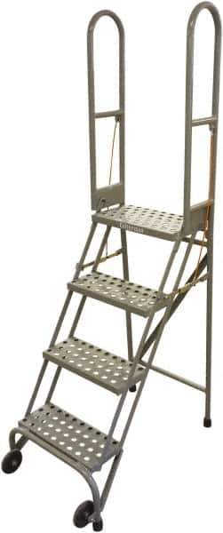 Cotterman - 70" 4 Step Rolling Warehouse Ladder - Portable Folding Safety Ladder, 350 Lb Capacity, 40" Platform Height, 21" Base Width x 36" Base Depth, Perforated Tread - Exact Industrial Supply