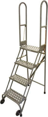 Cotterman - 70" 4 Step Rolling Warehouse Ladder - Portable Folding Safety Ladder, 350 Lb Capacity, 40" Platform Height, 21" Base Width x 36" Base Depth, Perforated Tread - Exact Industrial Supply