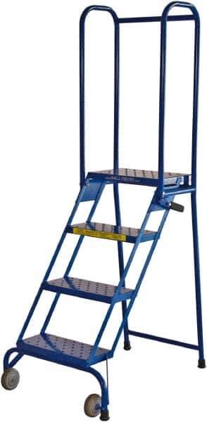 Ballymore - 68" 4 Step Rolling Warehouse Ladder - Lock-N-Stock, 350 Lb Capacity, 38" Platform Height, 24" Base Width x 35" Base Depth, Perforated Tread - Exact Industrial Supply