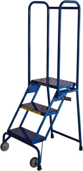 Ballymore - 59" 3 Step Rolling Warehouse Ladder - Lock-N-Stock, 350 Lb Capacity, 28-1/2" Platform Height, 24" Base Width x 28" Base Depth, Perforated Tread - Exact Industrial Supply