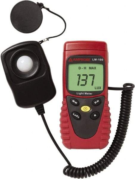 Amprobe - 9 Volt Battery, 20 to 20,000 FC, LCD Display, Silicone Photodiode Light Meter - 5 Accuracy, Compatible with All Visible Light Lighting, Built In Memory - Exact Industrial Supply