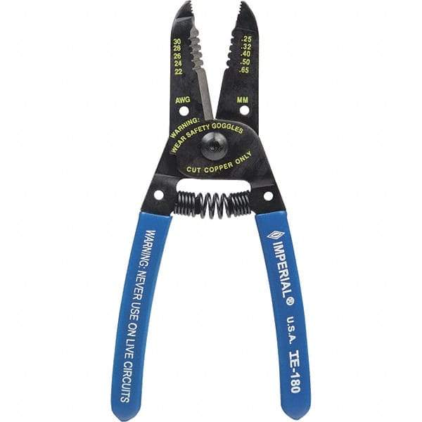 Imperial - 30 to 22 AWG Capacity Wire Stripper/Cutter - 6" OAL, Hardened Steel with Cushion Grip Handle - Exact Industrial Supply