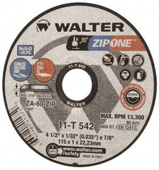 WALTER Surface Technologies - 4-1/2" Aluminum Oxide/Silicon Carbide Blend Cutoff Wheel - 1/32" Thick, 7/8" Arbor, 13,300 Max RPM, Use with Angle Grinders - Exact Industrial Supply