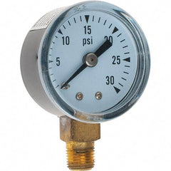 Value Collection - 1-1/2" Dial, 1/8 Thread, 0-30 Scale Range, Pressure Gauge - Lower Connection Mount - Exact Industrial Supply