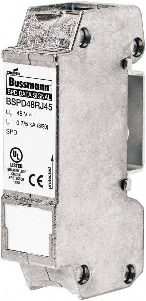 Cooper Bussmann - 1 Pole, 1 Phase, 76.91mm Long x 19mm Wide x 36.15mm Deep, Hardwired Surge Protector - DIN Rail Mount, 48 V, 34 VDC, 48 VAC Operating Voltage, 10 kA Surge Protection - Exact Industrial Supply