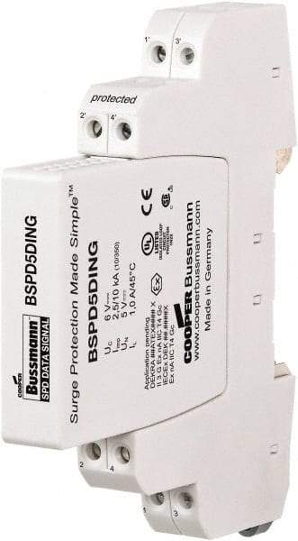 Cooper Bussmann - 4 Pole, 1 Phase, 90mm Long x 12mm Wide x 71.99mm Deep, Hardwired Surge Protector - DIN Rail Mount, 24 V, 23.30 VAC, 33 VDC Operating Voltage, 20 kA Surge Protection - Exact Industrial Supply