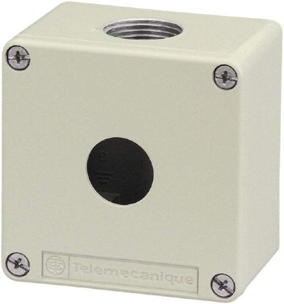 Schneider Electric - 1 Hole, 1.58 Inch Hole Diameter, Zinc Alloy Pushbutton Switch Enclosure - 3.15 Inch High x 3.15 Inch Wide x 2.03 Inch Deep, 4, 13 NEMA Rated - Exact Industrial Supply