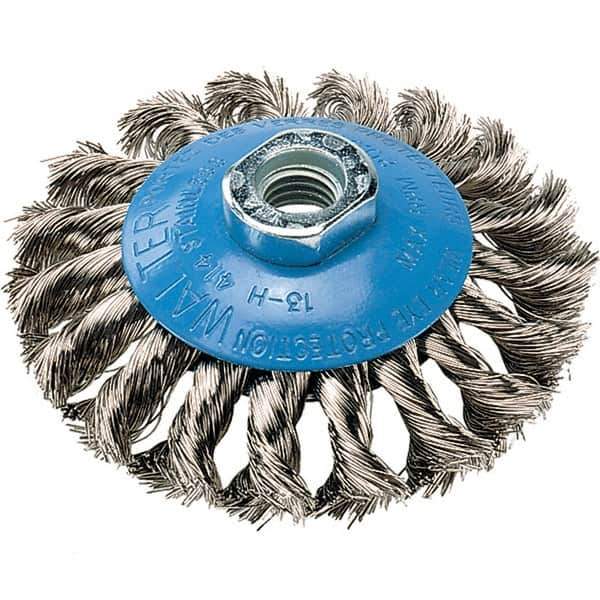 WALTER Surface Technologies - 4" Diam, 5/8-11 Threaded Arbor, Stainless Steel Fill Cup Brush - 0.015 Wire Diam, 20,000 Max RPM - Exact Industrial Supply