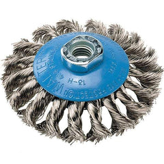 WALTER Surface Technologies - 4" Diam, 5/8-11 Threaded Arbor, Stainless Steel Fill Cup Brush - 0.015 Wire Diam, 20,000 Max RPM - Exact Industrial Supply