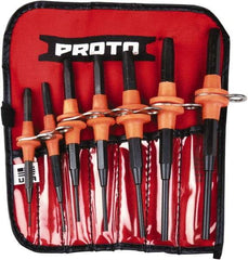 Proto - 7 Piece, 1/16 to 1/4", Tethered Pin Punch Set - Straight Shank, Comes in Nylon Roll - Exact Industrial Supply