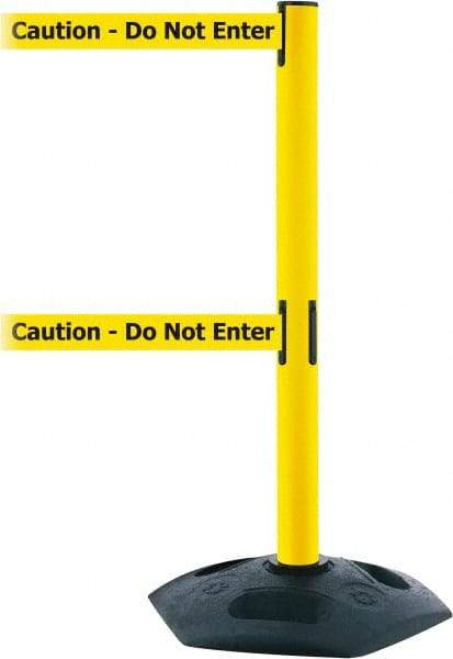 Tensator - 38" High, 2-1/2" Pole Diam, 4 Way Stanchion - 19" Base Diam, Octagon Recycled Rubber Base, Yellow Plastic Post, 7-1/2' x 2" Tape, Dual Line Tape, For Outdoor Use - Exact Industrial Supply