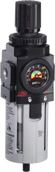 ARO/Ingersoll-Rand - 3/4" NPT Port Standard 1 Piece Filter/Regulator FRL Unit - Polycarbonate Bowl, 173 SCFM, 150 Max psi, 9.961" High x 2.756" Long, Manual Drain - Exact Industrial Supply