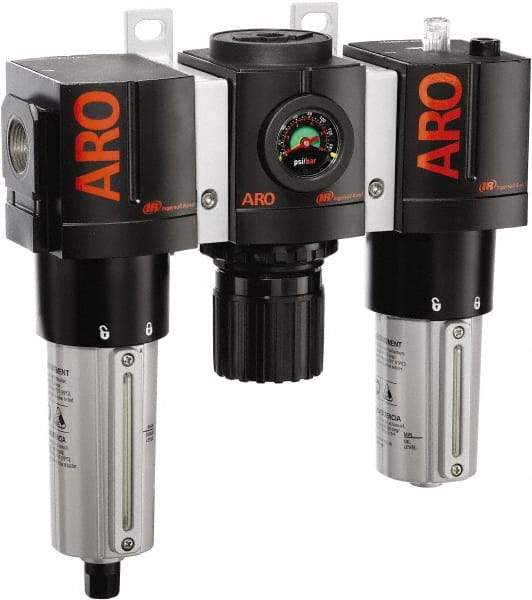 ARO/Ingersoll-Rand - 1" NPT Port Heavy Duty 3 Piece Filter-Regulator-Lubricator FRL Unit - Metal Bowl, 215 SCFM, 250 Max psi, 10.75" High x 11.102" Long, Automatic Drain - Exact Industrial Supply