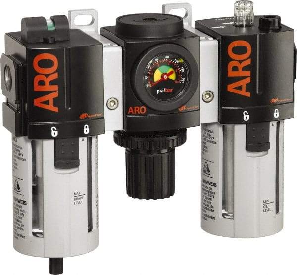 ARO/Ingersoll-Rand - 1/2" NPT Port Standard 3 Piece Filter-Regulator-Lubricator FRL Unit - Polycarbonate Bowl, 150 SCFM, 150 Max psi, 7.7" High x 8.693" Long, Manual Drain - Exact Industrial Supply