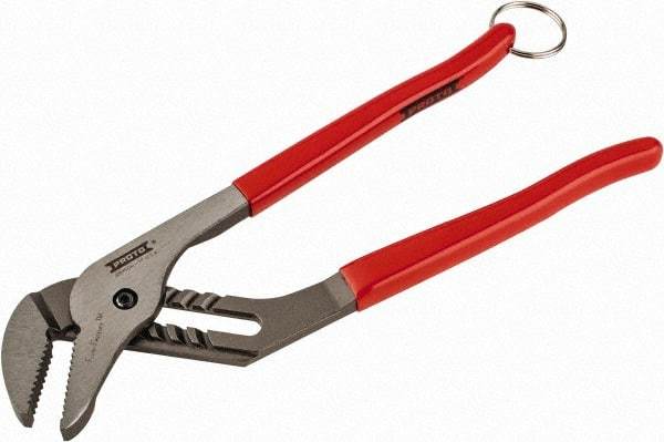 Proto - 12" OAL, 2-1/2" Jaw Width, 7 Position Tethered Tongue & Groove Pliers - V-Jaws, Vinyl Handles - Exact Industrial Supply