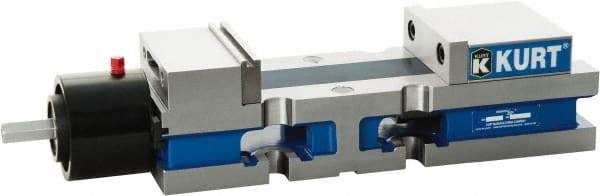 Kurt - 4" Jaw Width, 6" Jaw Opening Capacity, Horizontal Stationary Machine Vise - Reverse Hydraulic Operation, 7,800 Lb Capacity, 1 Station, 13.985" Long x 3.4900" High x 1-15/64" Deep, 1.235" Jaw Height, Ductile Iron - Exact Industrial Supply