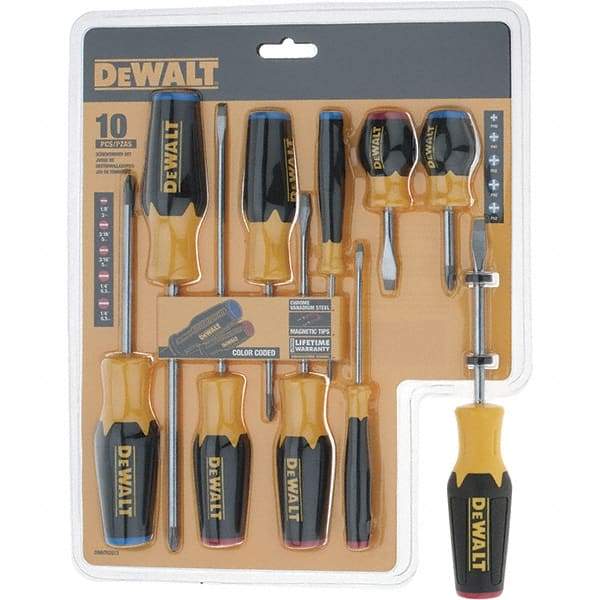 DeWALT - 10 Piece Slotted & Phillips Screwdriver Set - Color Coded Handle, Blade Sizes: Length 6, Width 3/16, 1/4 & 1/8, Bit Sizes: Philips #0 to #2, Tip Thickness: 1/8, 3/16 & 1/4 - Exact Industrial Supply