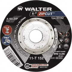 WALTER Surface Technologies - 60 Grit, 4-1/2" Wheel Diam, 3/64" Wheel Thickness, 7/8" Arbor Hole, Type 27 Depressed Center Wheel - Aluminum Oxide, Resinoid Bond, 13,300 Max RPM, Compatible with Angle Grinder - Exact Industrial Supply