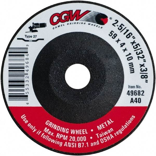 Camel Grinding Wheels - 40 Grit, 2-5/16" Wheel Diam, 5/32" Wheel Thickness, 3/8" Arbor Hole, Type 27 Depressed Center Wheel - Medium Grade, Aluminum Oxide, Resinoid Bond, 20,000 Max RPM - Exact Industrial Supply