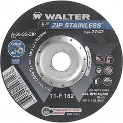 WALTER Surface Technologies - 60 Grit, 6" Wheel Diam, 3/64" Wheel Thickness, 7/8" Arbor Hole, Type 27 Depressed Center Wheel - Aluminum Oxide/Silicon Carbide Blend, Resinoid Bond, 10,200 Max RPM - Exact Industrial Supply