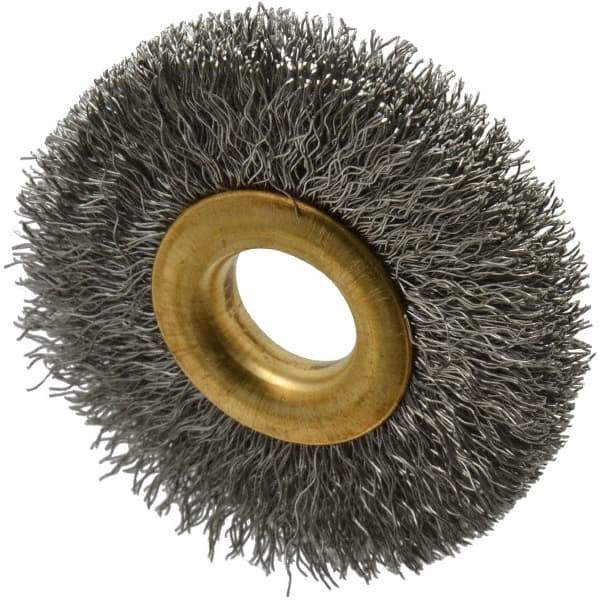 Value Collection - 2" OD, 1/2" Arbor Hole, Crimped Stainless Steel Wheel Brush - 5/16" Face Width, 1/2" Trim Length, 0.007" Filament Diam, 15,000 RPM - Exact Industrial Supply