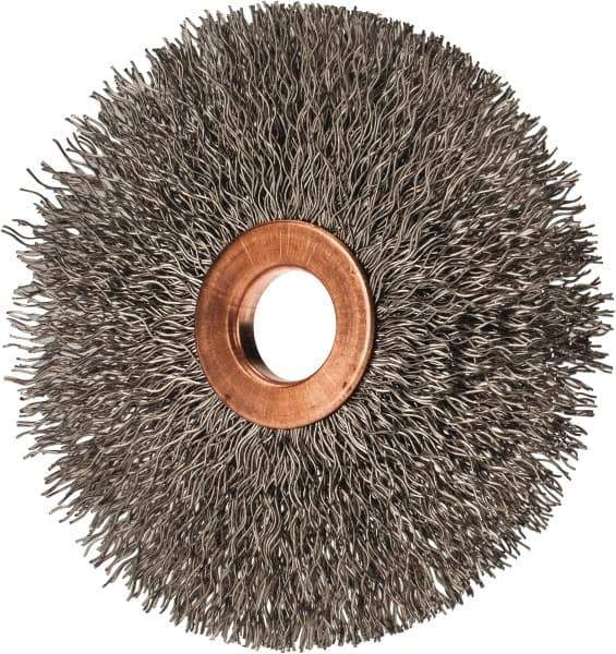 Value Collection - 3" OD, 1/2" Arbor Hole, Crimped Stainless Steel Wheel Brush - 3/8" Face Width, 1" Trim Length, 0.012" Filament Diam, 15,000 RPM - Exact Industrial Supply