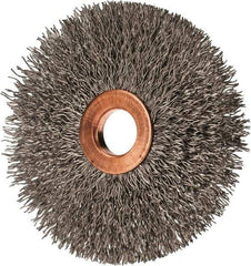 Value Collection - 3" OD, 1/2" Arbor Hole, Crimped Stainless Steel Wheel Brush - 3/8" Face Width, 1" Trim Length, 0.012" Filament Diam, 15,000 RPM - Exact Industrial Supply
