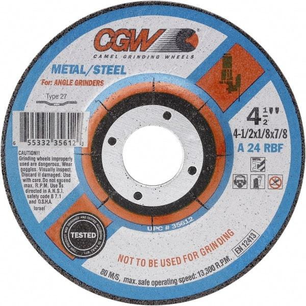 Camel Grinding Wheels - 24 Grit, 9" Wheel Diam, 1/8" Wheel Thickness, 7/8" Arbor Hole, Type 27 Depressed Center Wheel - Coarse Grade, Aluminum Oxide, Resinoid Bond, 6,650 Max RPM - Exact Industrial Supply
