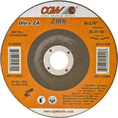 Camel Grinding Wheels - 24 Grit, 6" Wheel Diam, 1/4" Wheel Thickness, Type 27 Depressed Center Wheel - Coarse Grade, Zirconia Alumina, Resinoid Bond, 10,200 Max RPM - Exact Industrial Supply