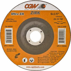 Camel Grinding Wheels - 24 Grit, 6" Wheel Diam, 1/4" Wheel Thickness, 7/8" Arbor Hole, Type 27 Depressed Center Wheel - Coarse Grade, Zirconia Alumina, Resinoid Bond, 10,200 Max RPM - Exact Industrial Supply