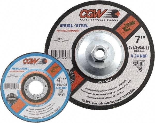 Camel Grinding Wheels - 24 Grit, 7" Wheel Diam, 1/4" Wheel Thickness, Type 27 Depressed Center Wheel - Coarse Grade, Aluminum Oxide, Resinoid Bond, 8,600 Max RPM - Exact Industrial Supply