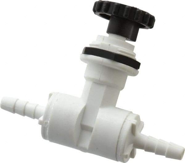 Specialty Mfr - 1/4" Pipe, Inline Needle Valve - PTFE Seal, Barbed x Barbed Ends, Polypropylene Valve, 125 Max psi - Exact Industrial Supply