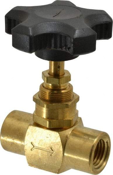 Specialty Mfr - 1/4" Pipe, Inline Needle Valve - FNPT x FNPT Ends, Brass Valve, 500 Max psi - Exact Industrial Supply
