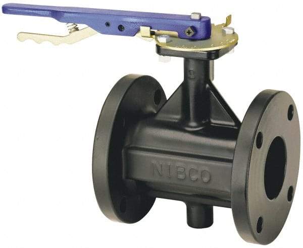NIBCO - 5" Pipe, Flanged Butterfly Valve - Lever Handle, Cast Iron Body, Polyamide Seat, 200 WOG, Buna-N Coated Ductile Iron Disc, Stainless Steel Stem - Exact Industrial Supply