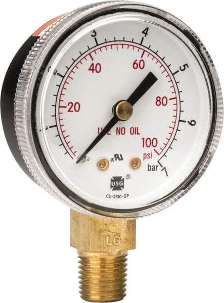 Miller-Smith - 1/4 Inch NPT, 100 Max psi, Brass Case Cylinder Pressure Gauge - 2 Inch Dial Diameter - Exact Industrial Supply