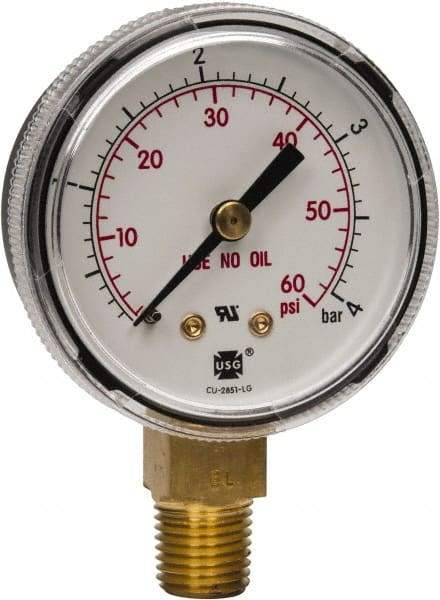 Miller-Smith - 1/4 Inch NPT, 60 Max psi, Steel Case Cylinder Pressure Gauge - 2 Inch Dial Diameter, All Gases - Exact Industrial Supply
