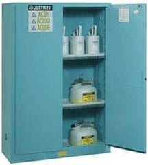 Justrite - 2 Door, 2 Shelf, Blue Steel Standard Safety Cabinet for Corrosive Chemicals - 65" High x 43" Wide x 18" Deep, Manual Closing Door, 3 Point Key Lock, 45 Gal Capacity - Exact Industrial Supply