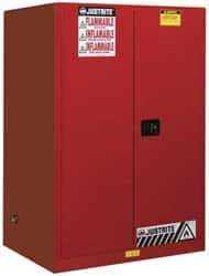 Justrite - 2 Door, 2 Shelf, Red Steel Standard Safety Cabinet for Flammable and Combustible Liquids - 65" High x 43" Wide x 34" Deep, Manual Closing Door, 3 Point Key Lock, 90 Gal Capacity - Exact Industrial Supply