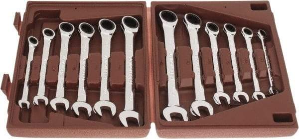 Paramount - 12 Piece, 8mm to 19mm, Ratcheting Combination Wrench Set - Metric Measurement Standard, Full Polish Chrome Finish, Comes in Blow Molded Case - Exact Industrial Supply
