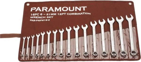 Paramount - 16 Piece, 6mm to 21mm, Combination Wrench Set - Metric Measurement Standard, Satin Chrome Finish, Comes in Canvas Roll - Exact Industrial Supply