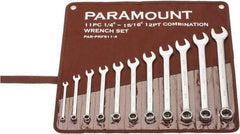 Paramount - 11 Piece, 1/4" to 15/16", Combination Wrench Set - Inch Measurement Standard, Satin Chrome Finish, Comes in Canvas Roll - Exact Industrial Supply