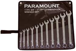 Paramount - 11 Piece, 3/8" to 1" (mm), Combination Wrench Set - Inch/Metric Measurement Standard, Full Polish Chrome Finish, Comes in Canvas Roll - Exact Industrial Supply