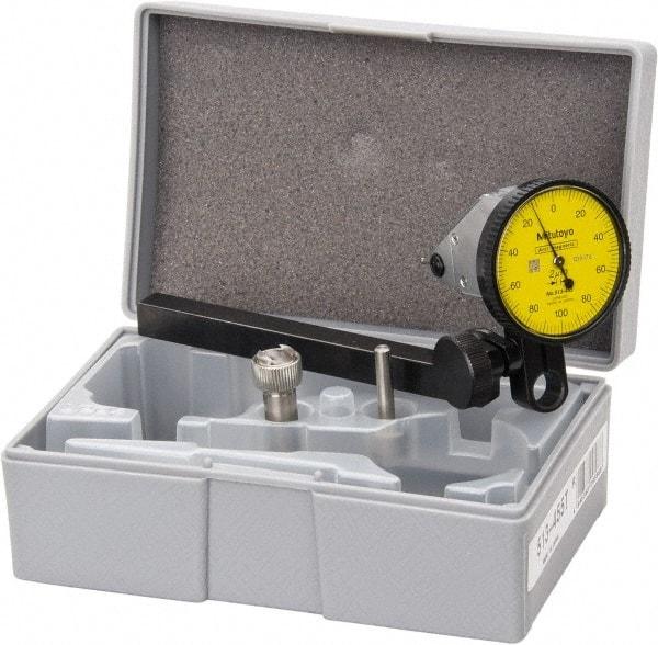 Mitutoyo - 0.2 mm Range, 0.002 mm Dial Graduation, Vertical Dial Test Indicator - 1.5748 Inch Yellow Dial, 0-100-0 Dial Reading, Accurate to 0.003 Inch - Exact Industrial Supply