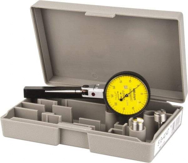 Mitutoyo - 1/2 mm Range, 0.01 mm Dial Graduation, Horizontal Dial Test Indicator - 1.5748 Inch Yellow Dial, 0-25-0 Dial Reading, Accurate to 0.01 Inch - Exact Industrial Supply