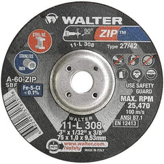 WALTER Surface Technologies - 60 Grit, 3" Wheel Diam, 1/32" Wheel Thickness, 3/8" Arbor Hole, Type 27 Depressed Center Wheel - Aluminum Oxide, Resinoid Bond, 25,470 Max RPM, Compatible with Die Grinders & Straight Shaft Grinder - Exact Industrial Supply