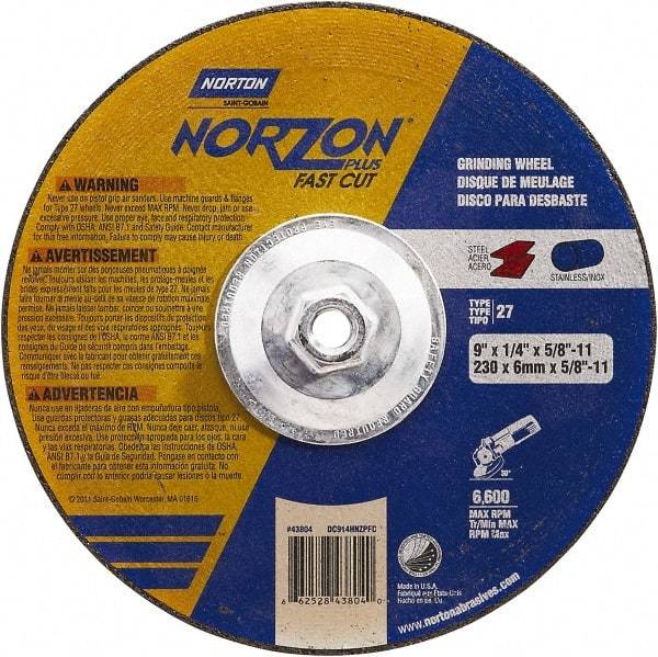 Norton - 9" Wheel Diam, 1/4" Wheel Thickness, Type 27 Depressed Center Wheel - Ceramic, Resinoid Bond, 6,600 Max RPM - Exact Industrial Supply