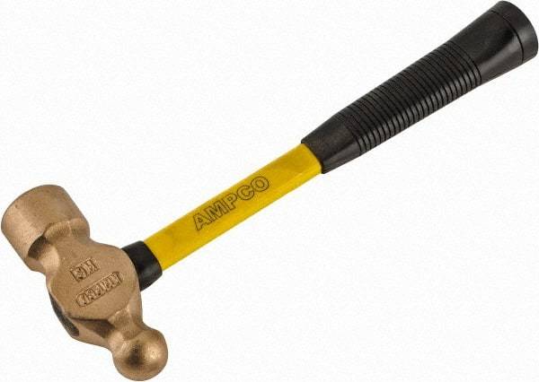 Ampco - 2-3/4 Lb Head Aluminum Bronze Ball Pein Hammer - 14" Fiberglass Handle with Grip, 1-13/16" Face Diam, 14" OAL - Exact Industrial Supply