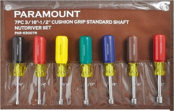 Paramount - 7 Piece 3/16 to 1/2" Nutdriver Set - Hollow Shaft, Ergonomic Handle - Exact Industrial Supply