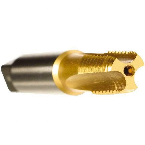 Emuge - 1-1/4 - 11-1/2 NPTF, 5 Flutes, TiN Coated, Cobalt, Interrupted Thread Pipe Tap - 6.693 Inch Overall Length, 1-5/16 Inch Shank Diameter, 1-3/4 Inch Thread Length, 0.98 Inch Square Size, Modified Bottoming Chamfer, Series KEG - Exact Industrial Supply
